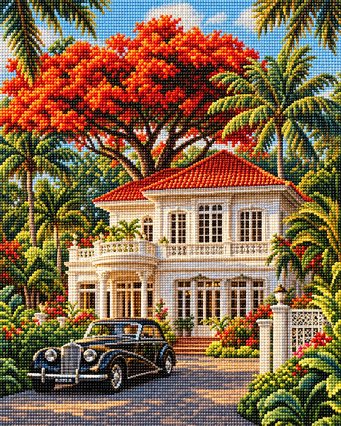 Black Classic Car White Mansion Diamond Art Kit