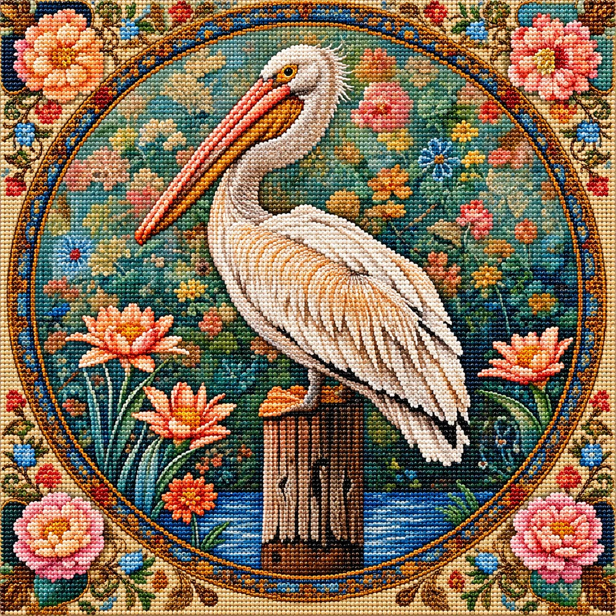 Pink Flower American White Pelican Diamond Art Kit