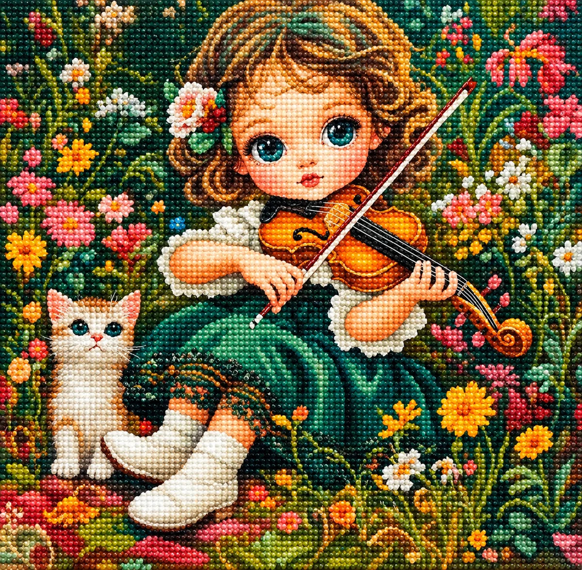 Green Dress Violin Girl Diamond Art Kit