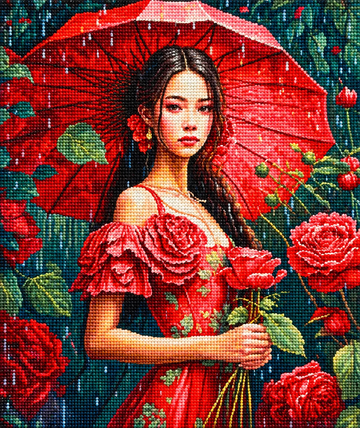 Brown Hair Red Rose Girl Diamond Art Kit