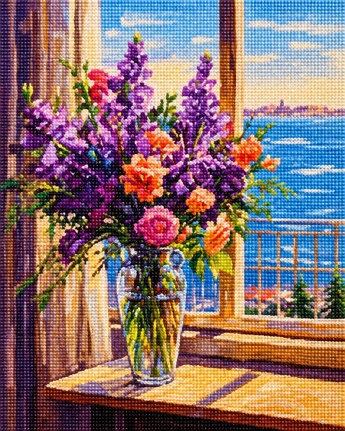 Purple Flowers Seaside Window Diamond Art Kit