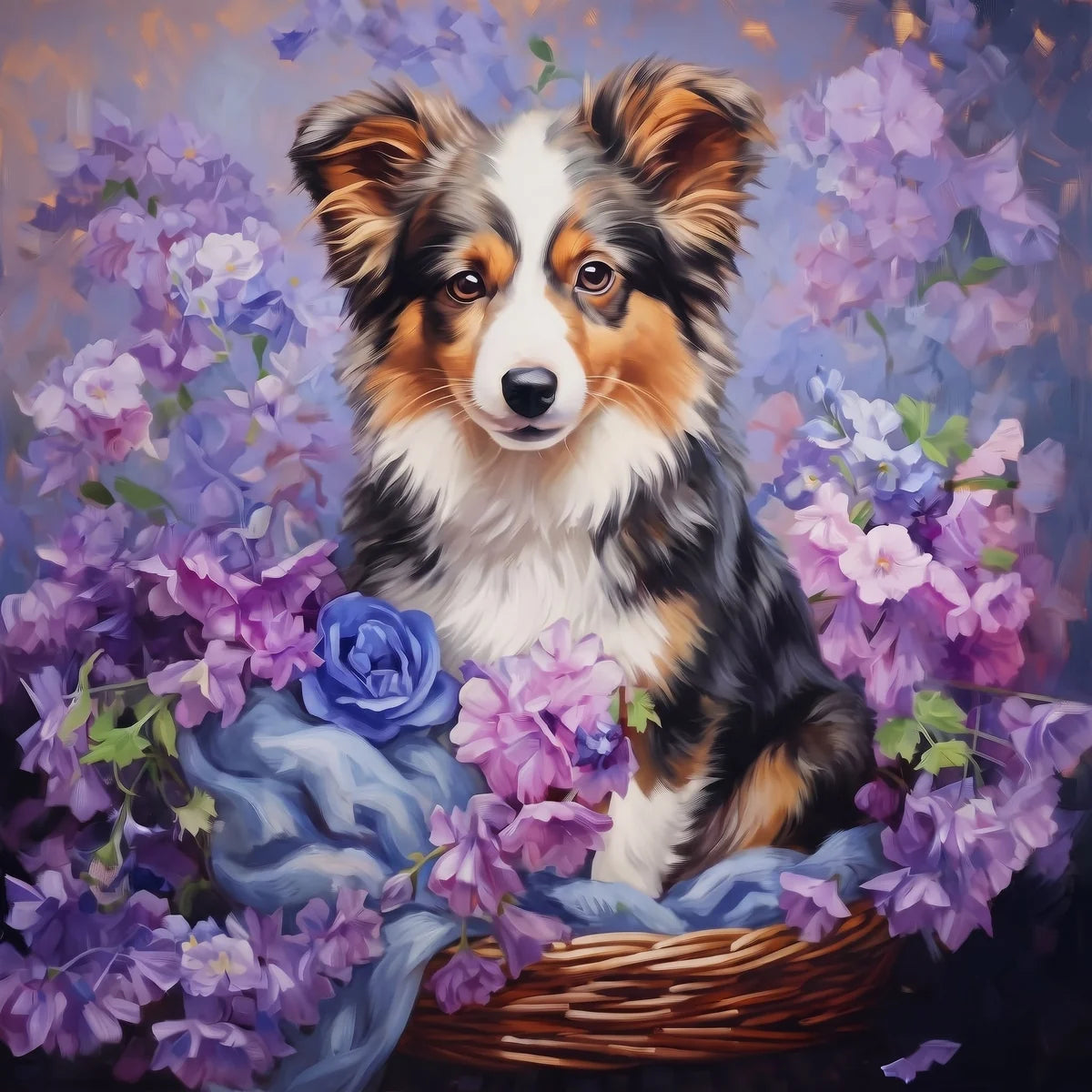 Purple Flower Australian Shepherd Flower Basket Diamond Art Kit