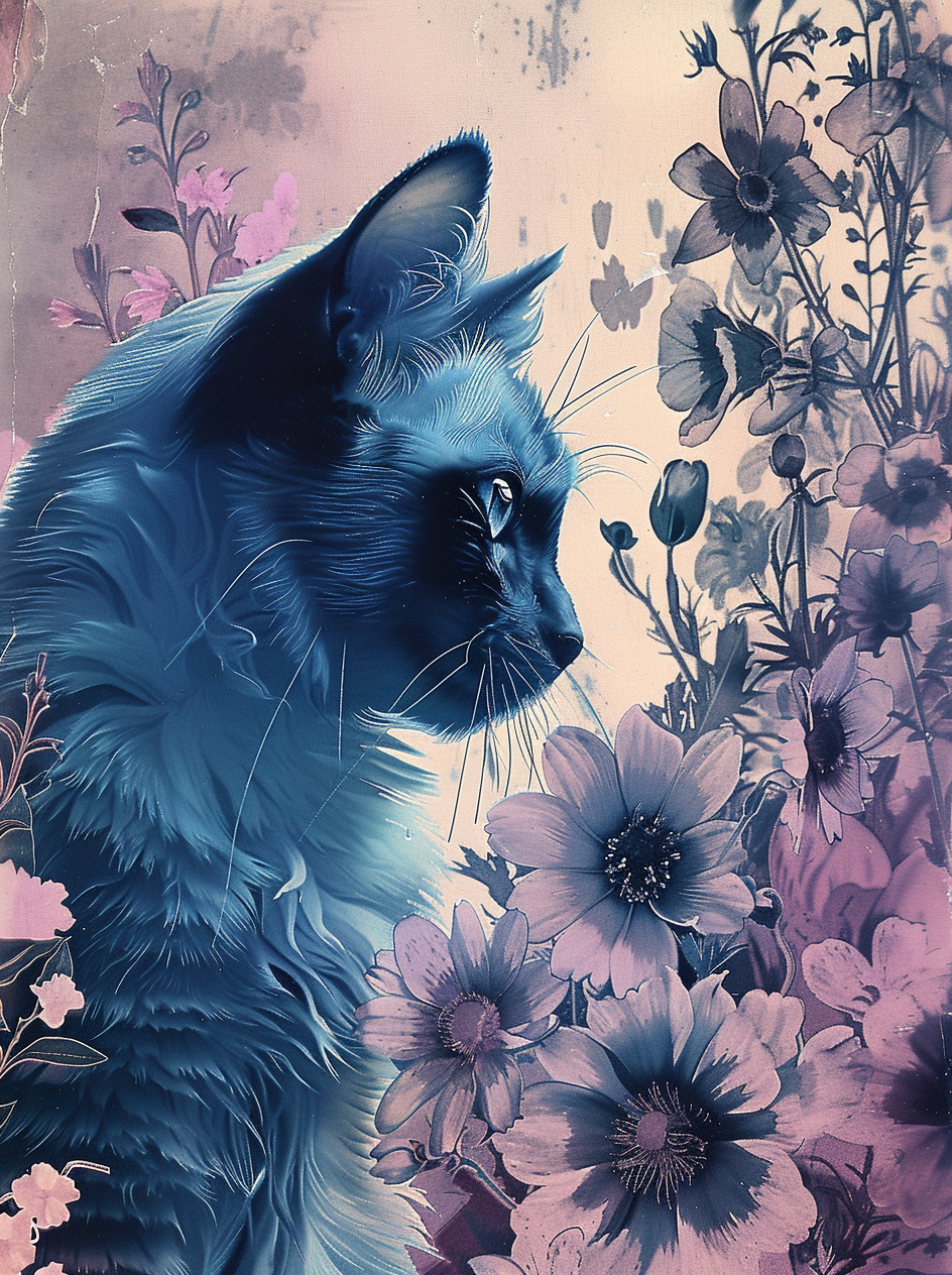 Abstract Cat in Blue Flowers Diamond Art Kit