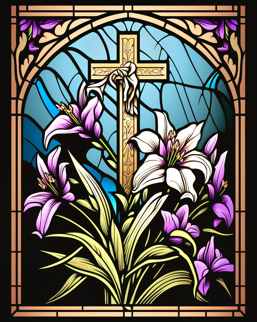 Abstract Cross With Purple and Cream Lilies Diamond Art Kit