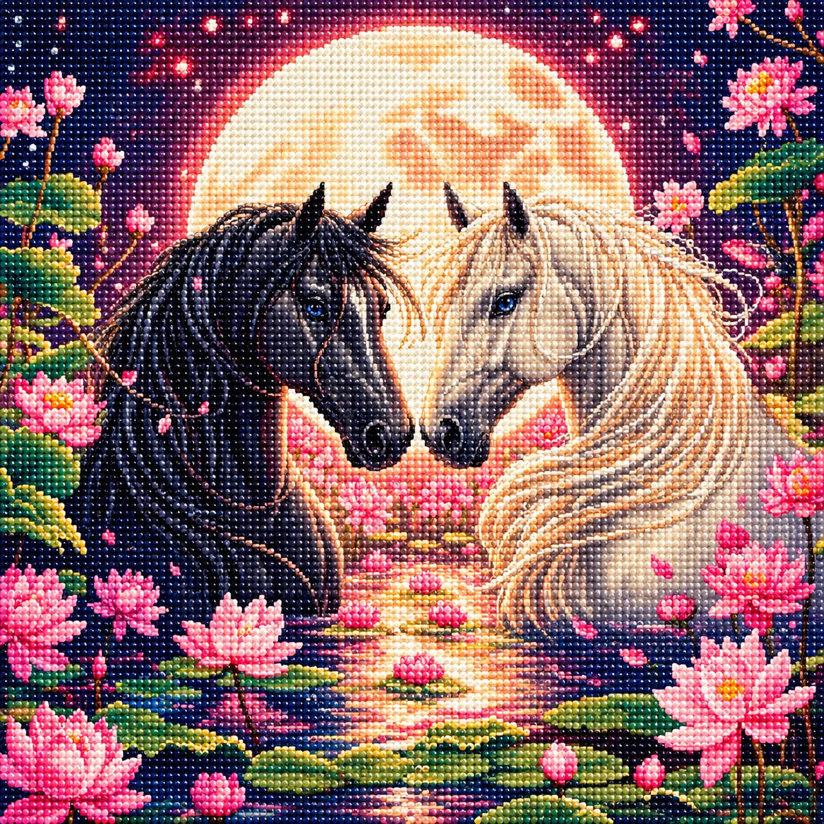 Bright Pink Lotus Horses Diamond Art Kit