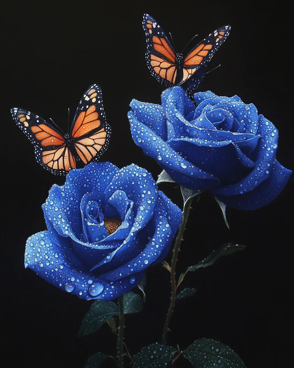 Two Dark Blue Roses Two Butterlies Diamond Art Kit