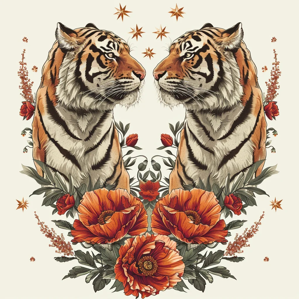 Double Tiger And Flowers Diamond Art Kit
