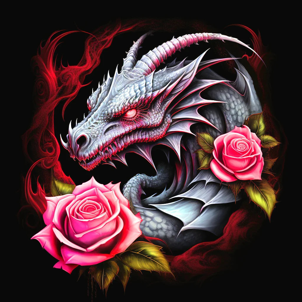 Two Pink Roses Gray Dragon Diamond Art Kit