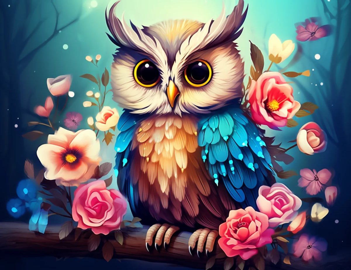 Owl On A Branch With Flowers Diamond Art Kit