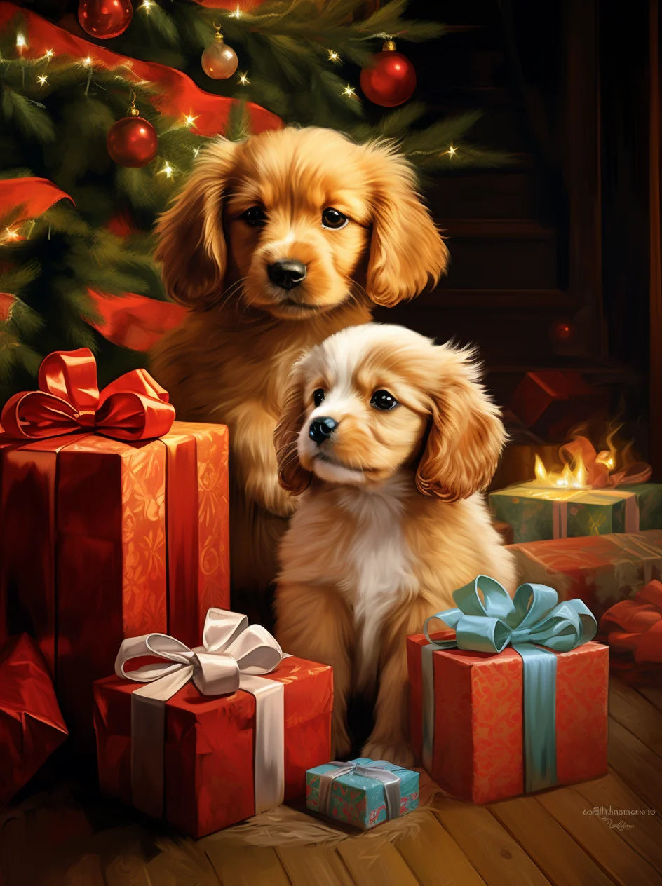 Two Puppies Christmas Present Diamond Art Kit
