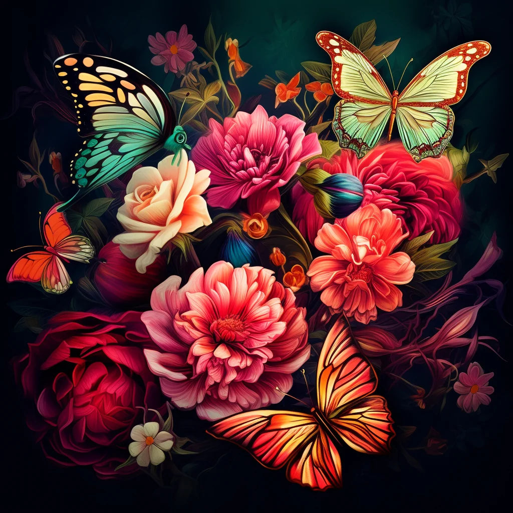 Orange Green Butterflies Flowers Diamond Art Kit