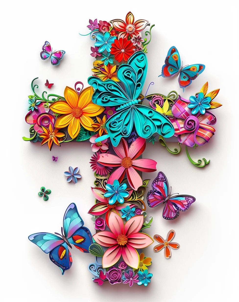 Aqua Butterfly Flower Cross Diamond Art Kit