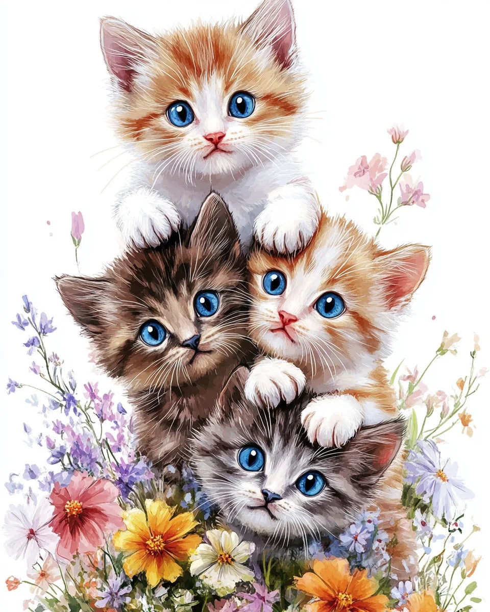 Four Kittens In Flowers Diamond Art Kit