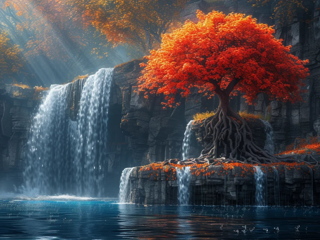 Orange Leaf Tree Waterfall Diamond Art Kit