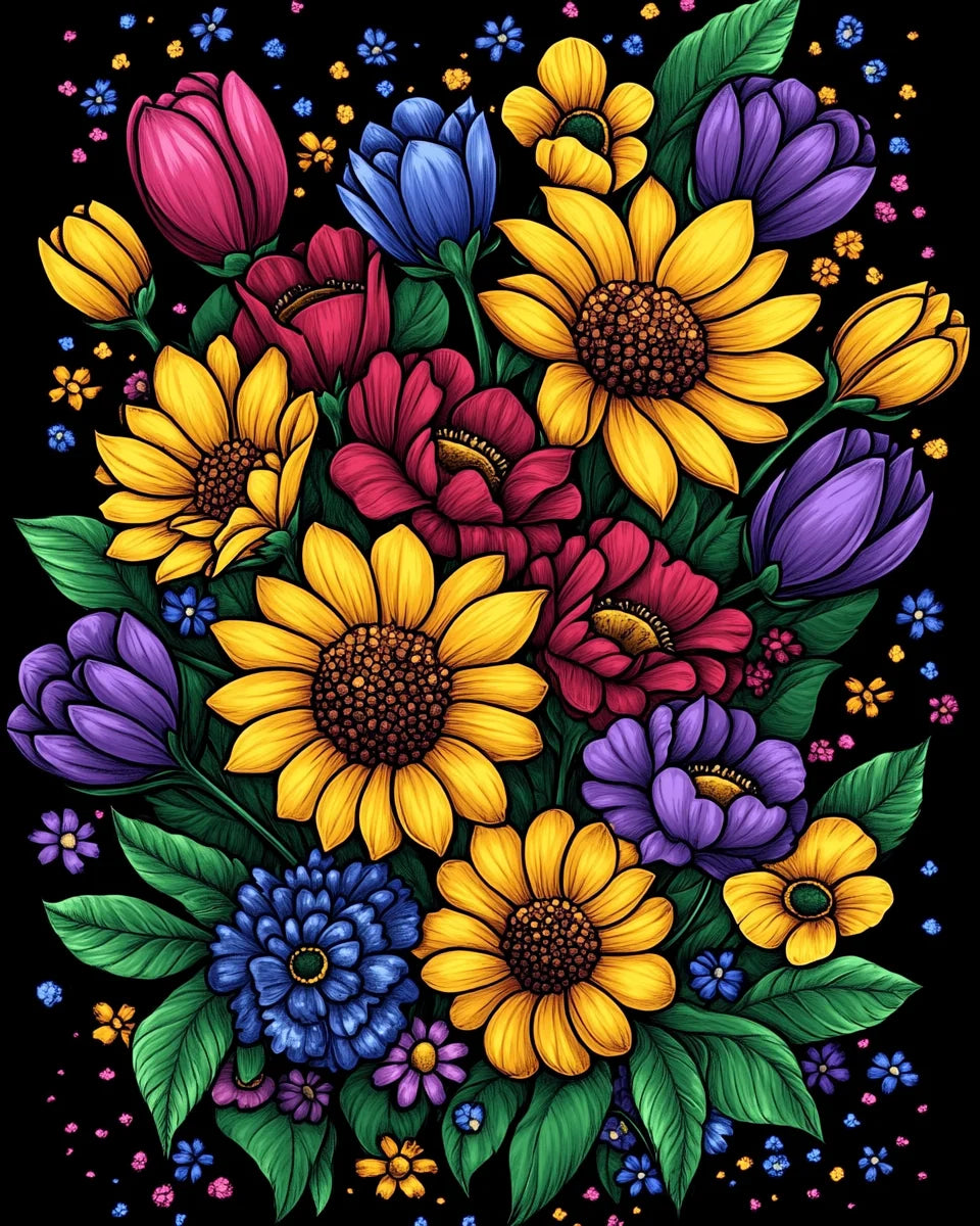 Bright Mixed Flowers And Sunflowers Diamond Art Kit