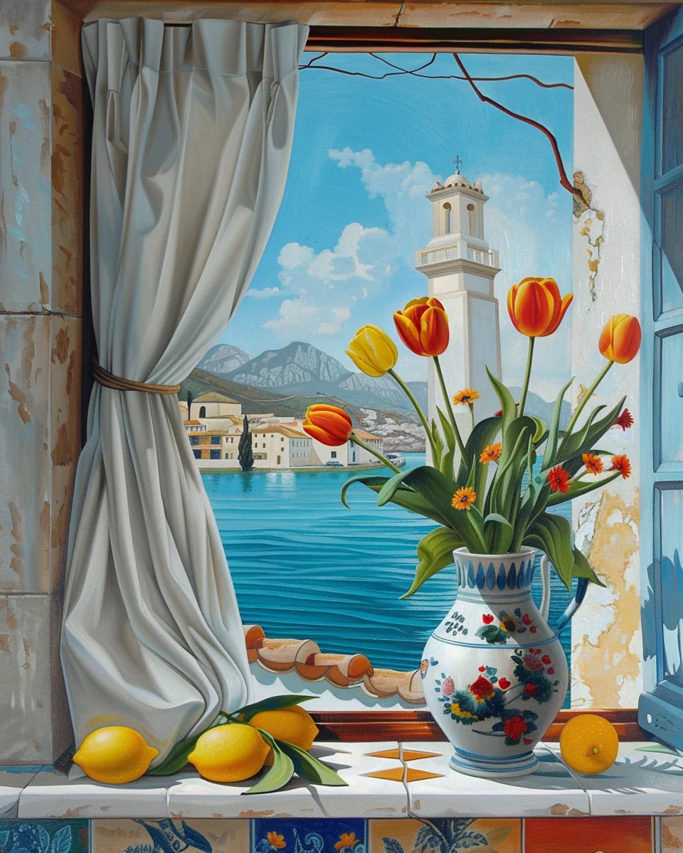 Open Window Red And Orange Tulips Diamond Art Kit