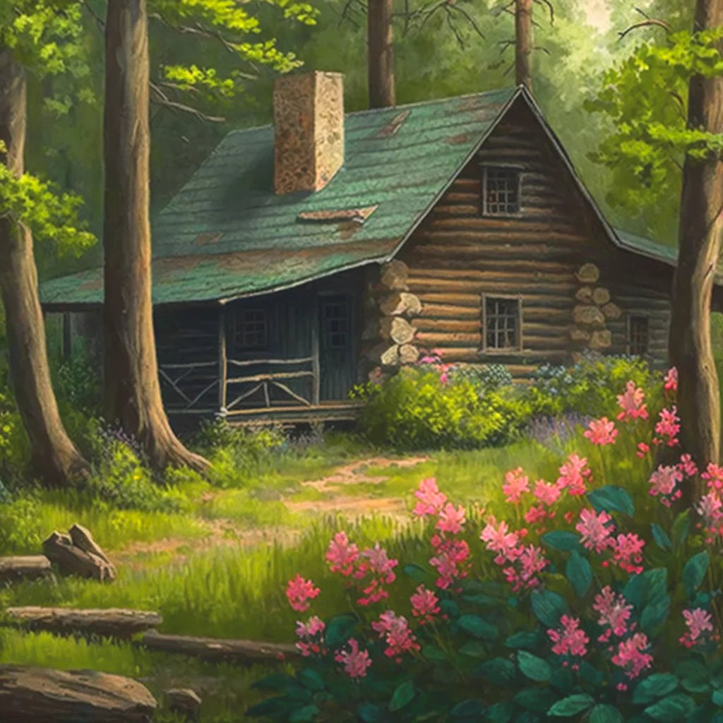 Log Cabin Pink Flowers Diamond Art Kit