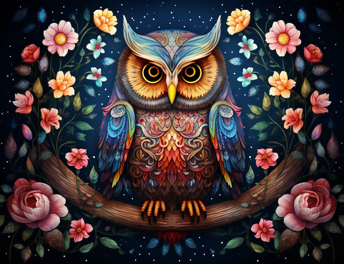 Night Sky Abstract Owl Flowers Diamond Art Kit
