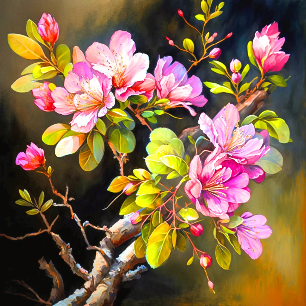 Green Leaves Pink Blossom Branch Diamond Art Kit