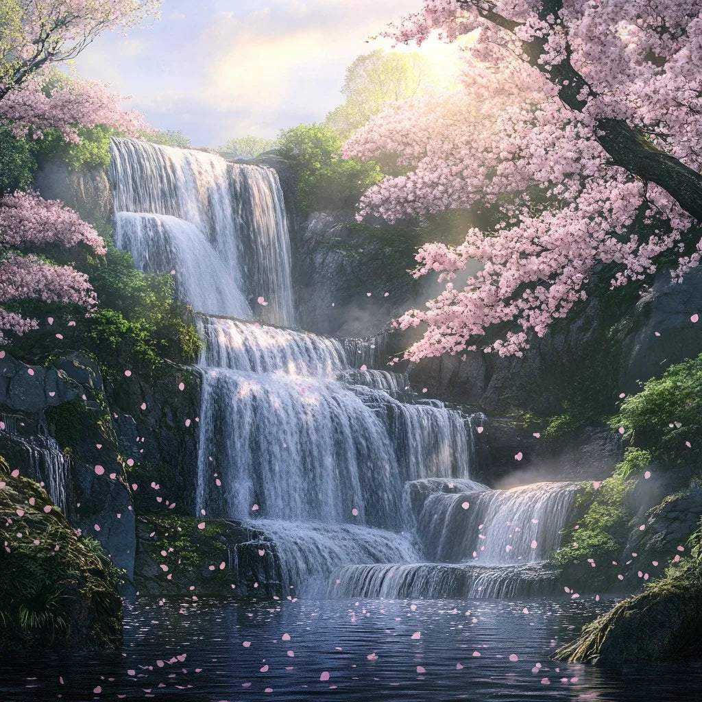 Greenery And Pink Flower Waterfalls Diamond Art Kit
