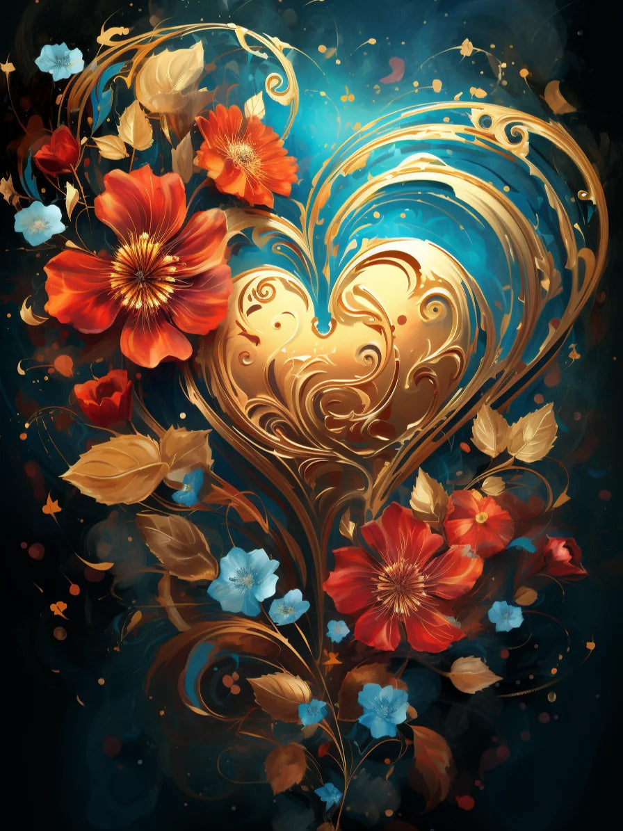 Gold Heart And Flowers Diamond Art Kit