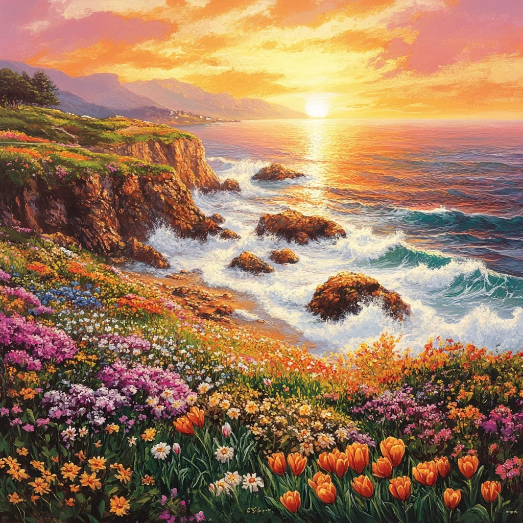 Flower Covered Sea Cliffs Diamond Art Kit