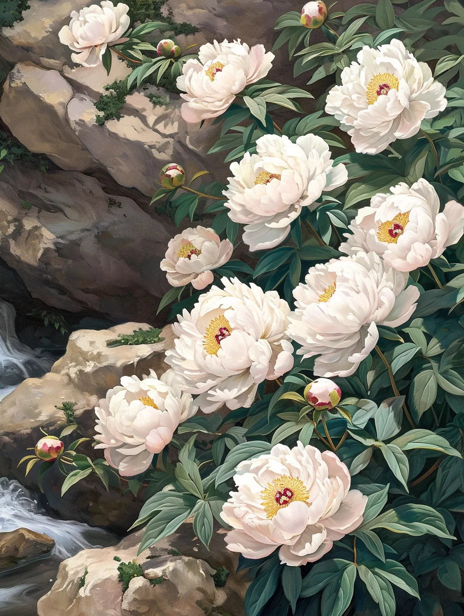 White Peonies Rocks Diamond Art Kit