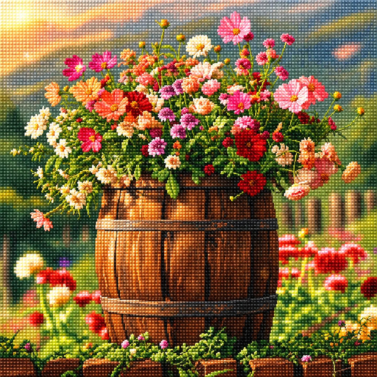 Wood Barrel Of Flowers Diamond Art Kit