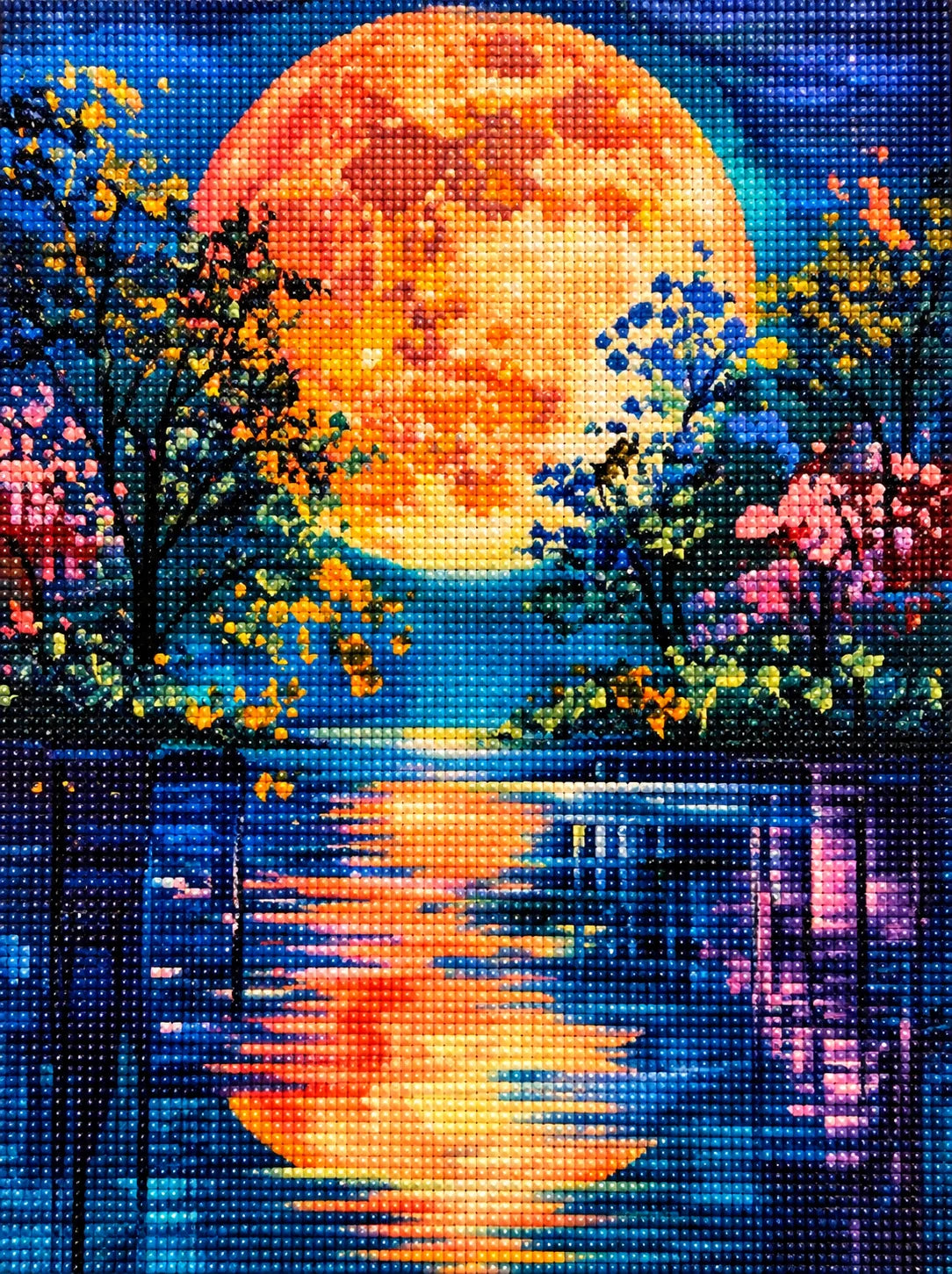 Bright Orange Moon Behind Trees Diamond Art Kit