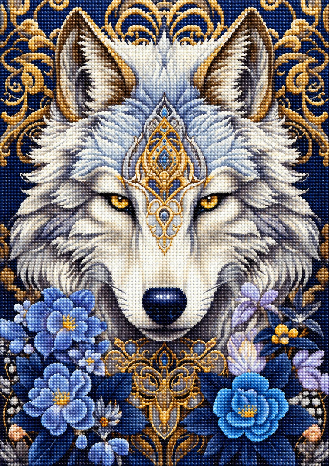Gray Wolf And Flowers Diamond Art Kit