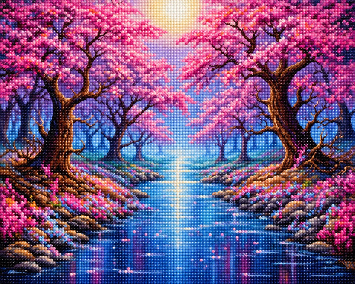 Shimmering Blue River Under Pink Trees Diamond Art Kit