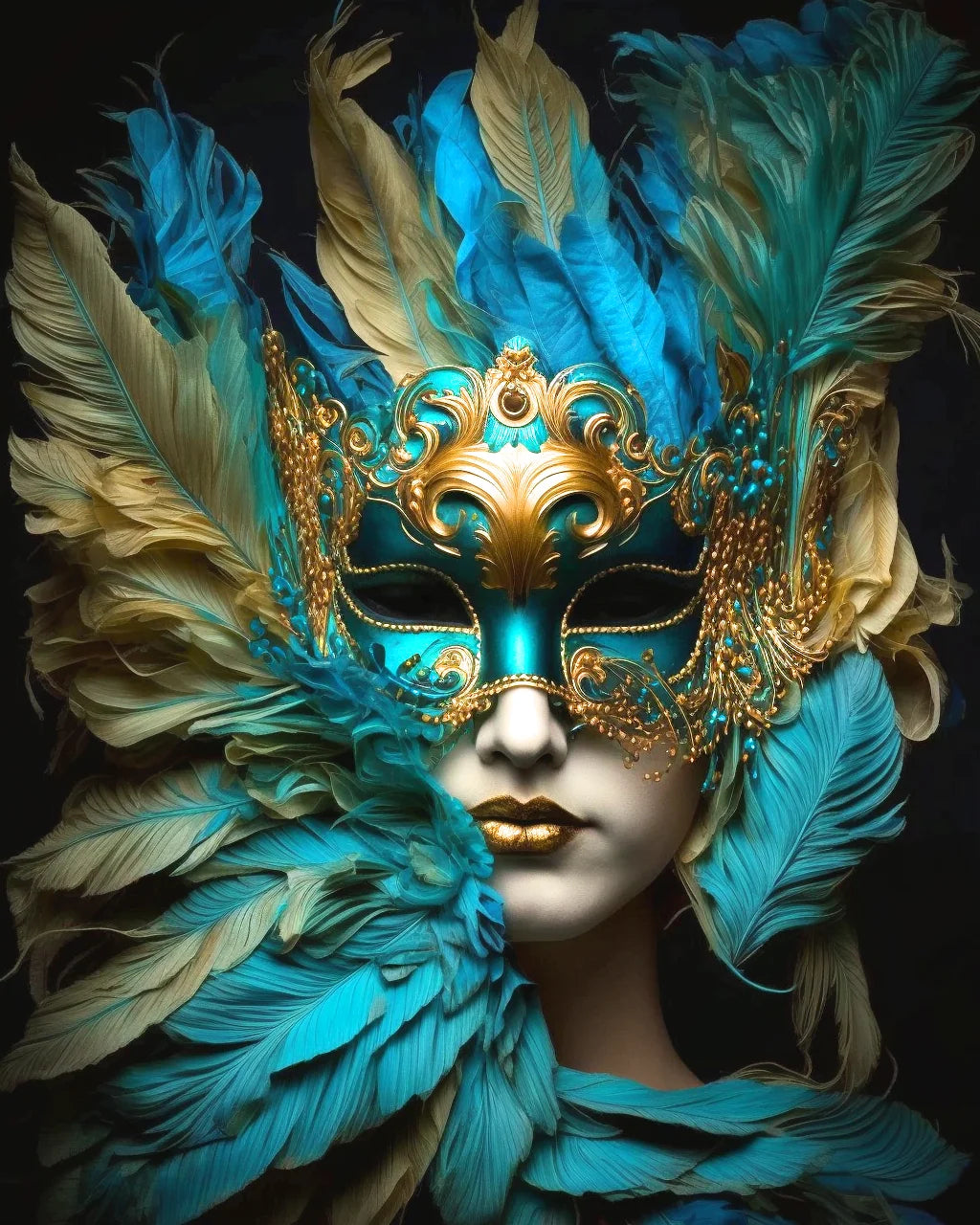 Gold Teal Feather Mask Diamond Art Kit