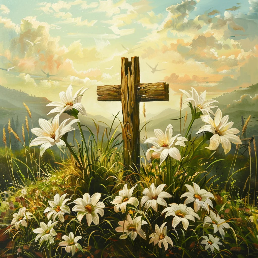 White Daisy Easter Cross Diamond Art Kit