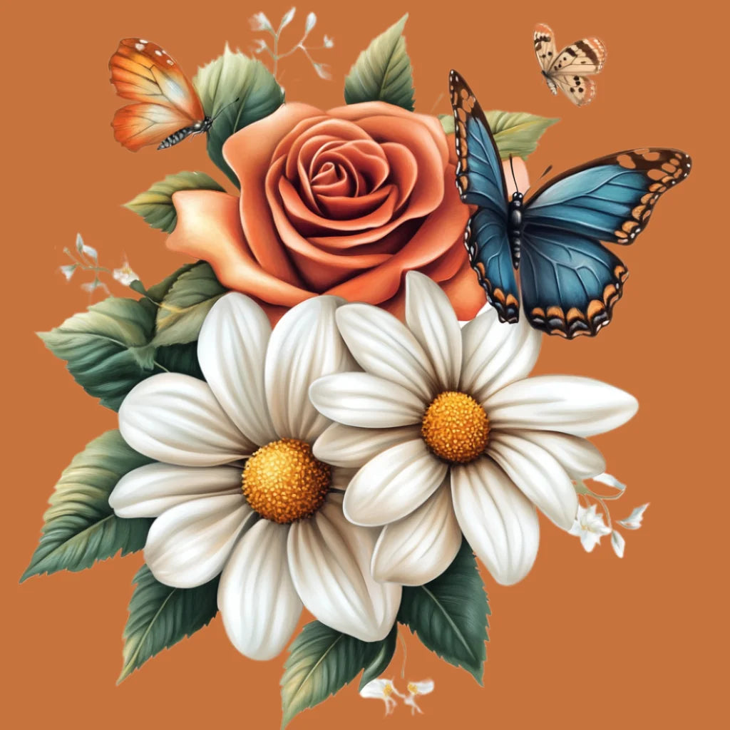 Rose Two Daisies Butterflies Diamond Art Kit
