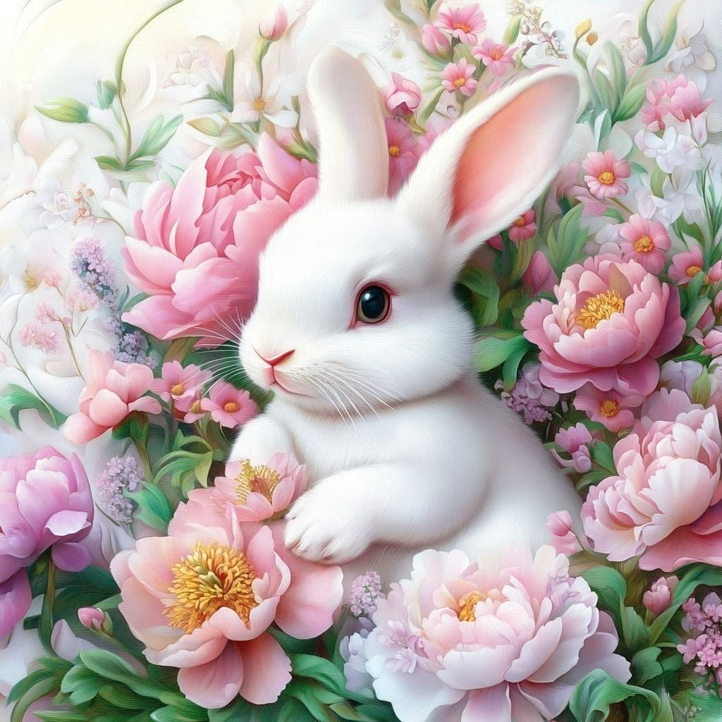 Colorful Flower White Rabbit Diamond Art Kit