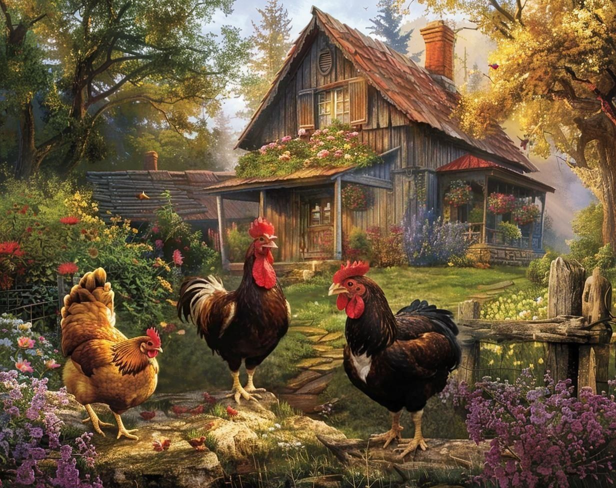 Wood Cabin Roosters Diamond Art Kit