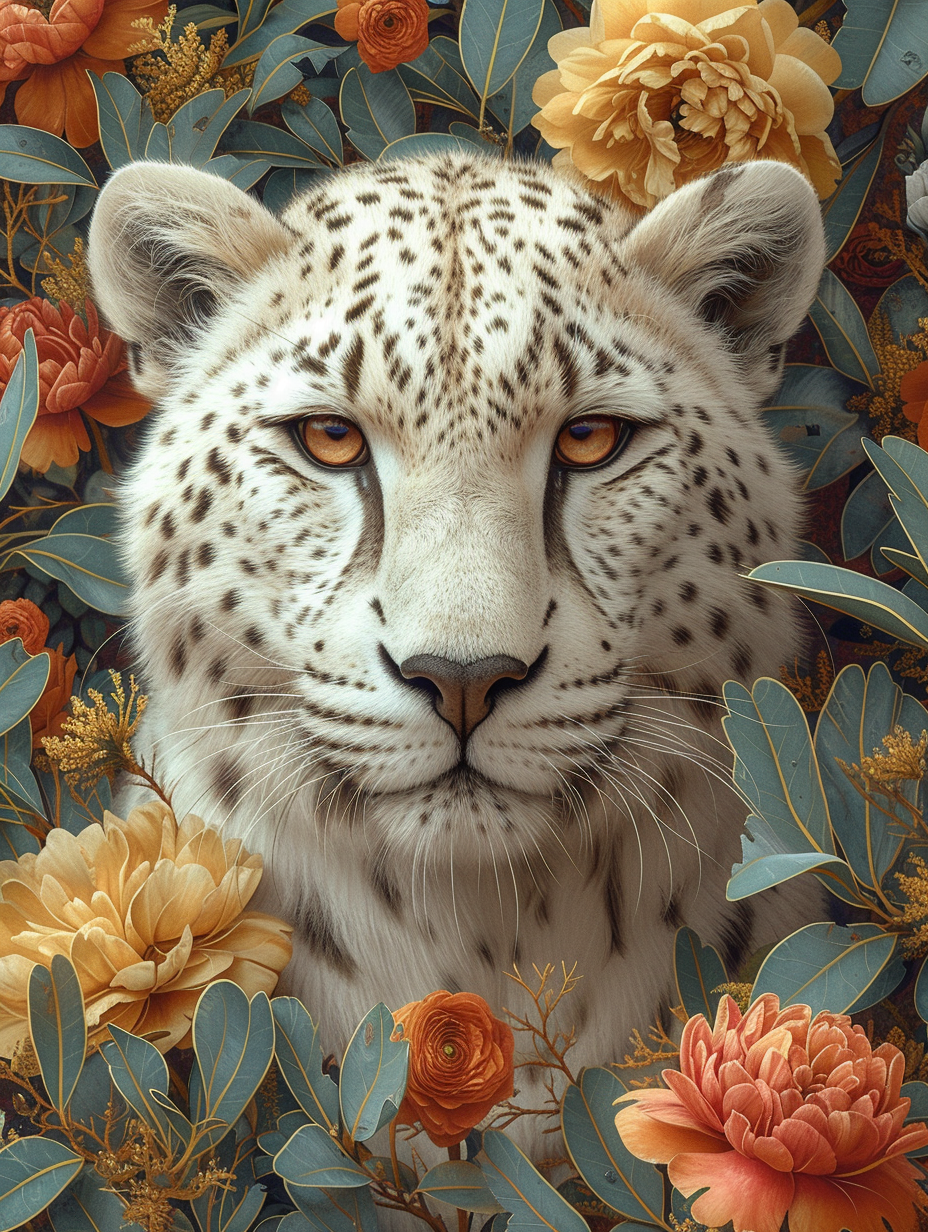 White Leopard And Flowers Diamond Art Kit