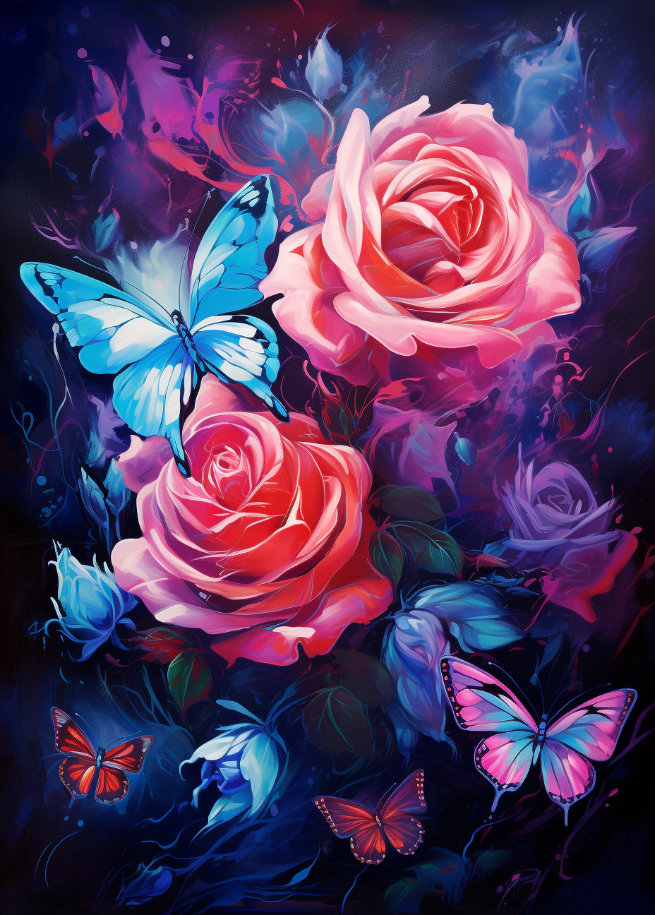 Pink Roses Blue Butterflies Diamond Art Kit