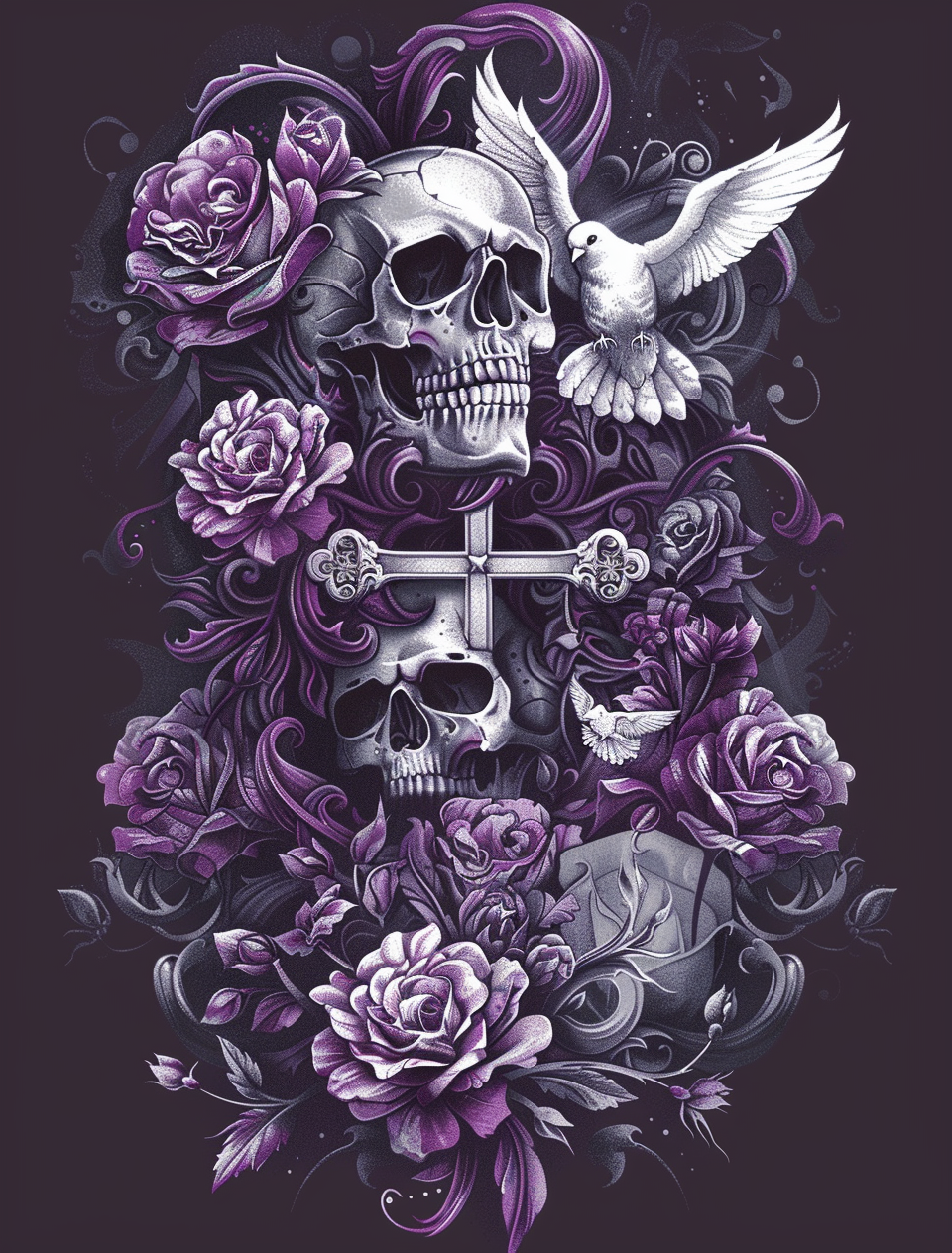 Two Skull Dove Flowers Diamond Art Kit