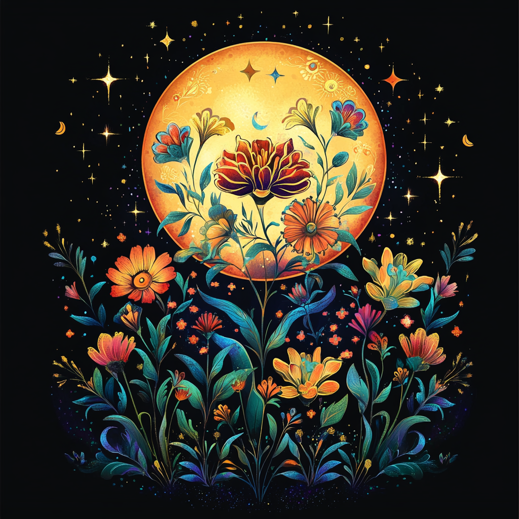 Yellow Moon And Flowers Diamond Art Kit