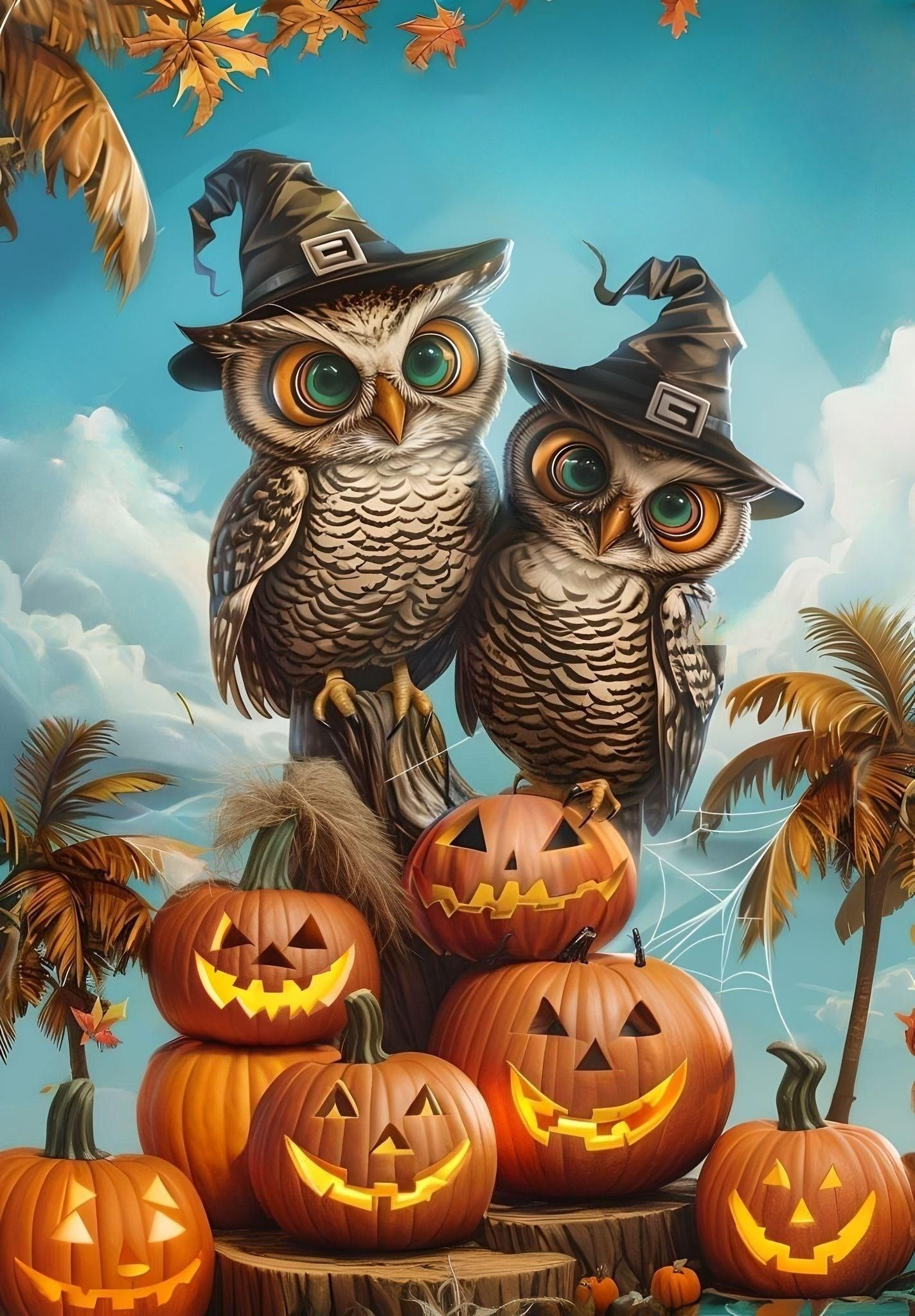 Stack Of Jacko Lanterns Owls Diamond Art Kit