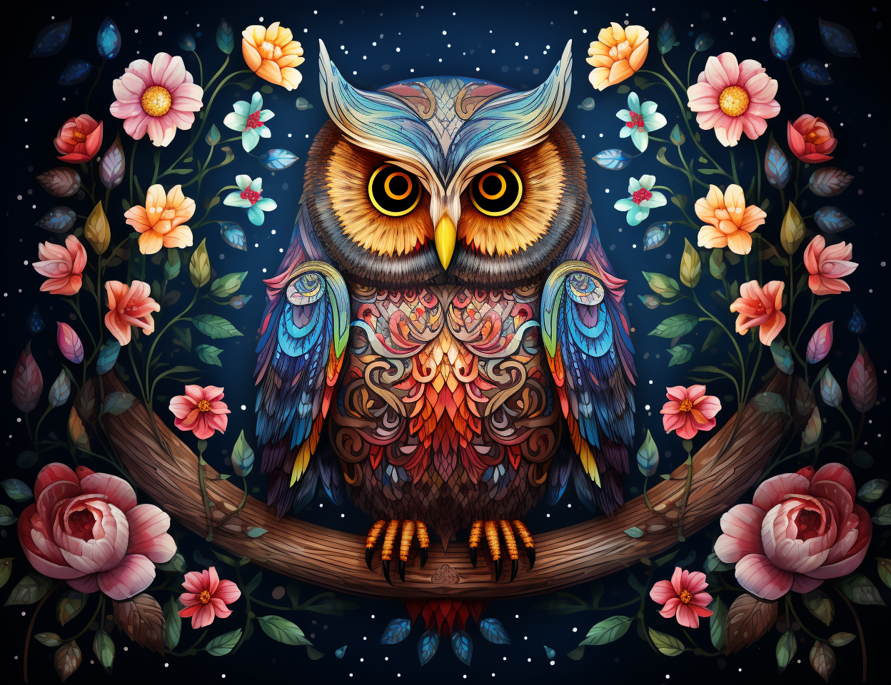 Night Sky Abstract Owl Flowers Diamond Art Kit