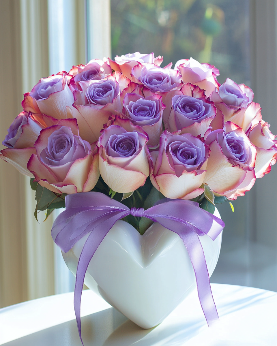 White Heart Vase Yellow Lavender Roses Diamond Art Kit