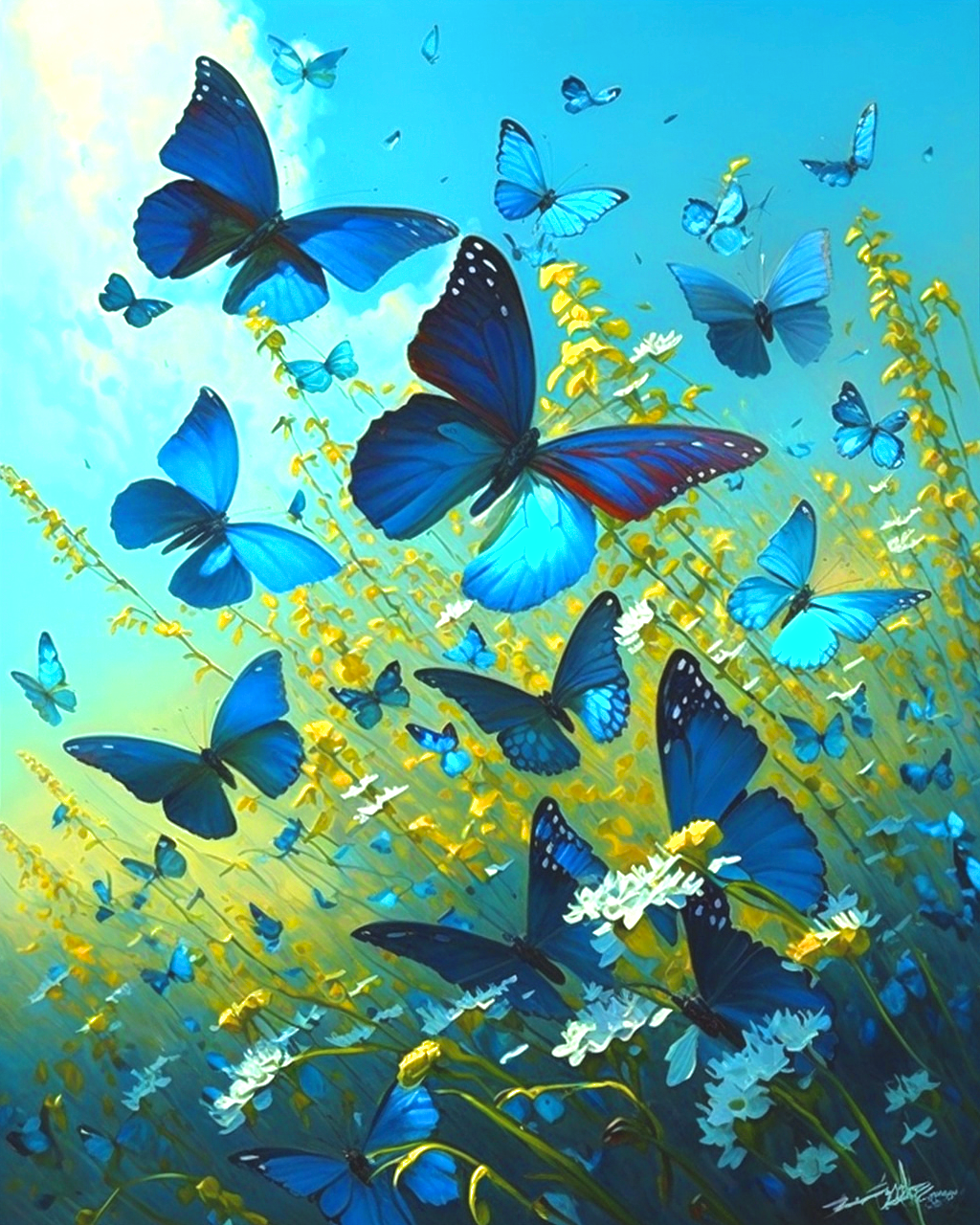 Dark Blue Butterflies Wildflowers Diamond Art Kit