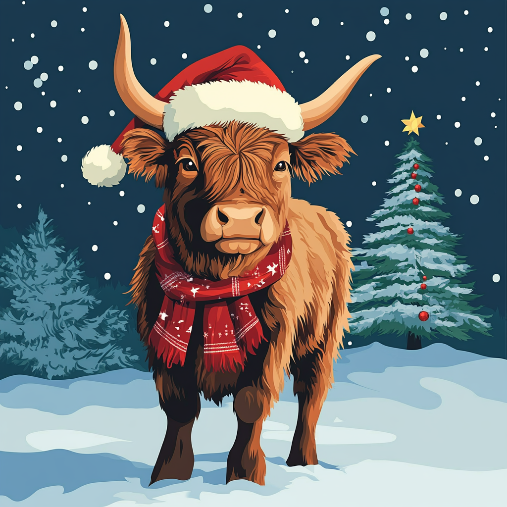 Christmas Hat Scarf Highland Cow Diamond Art Kit