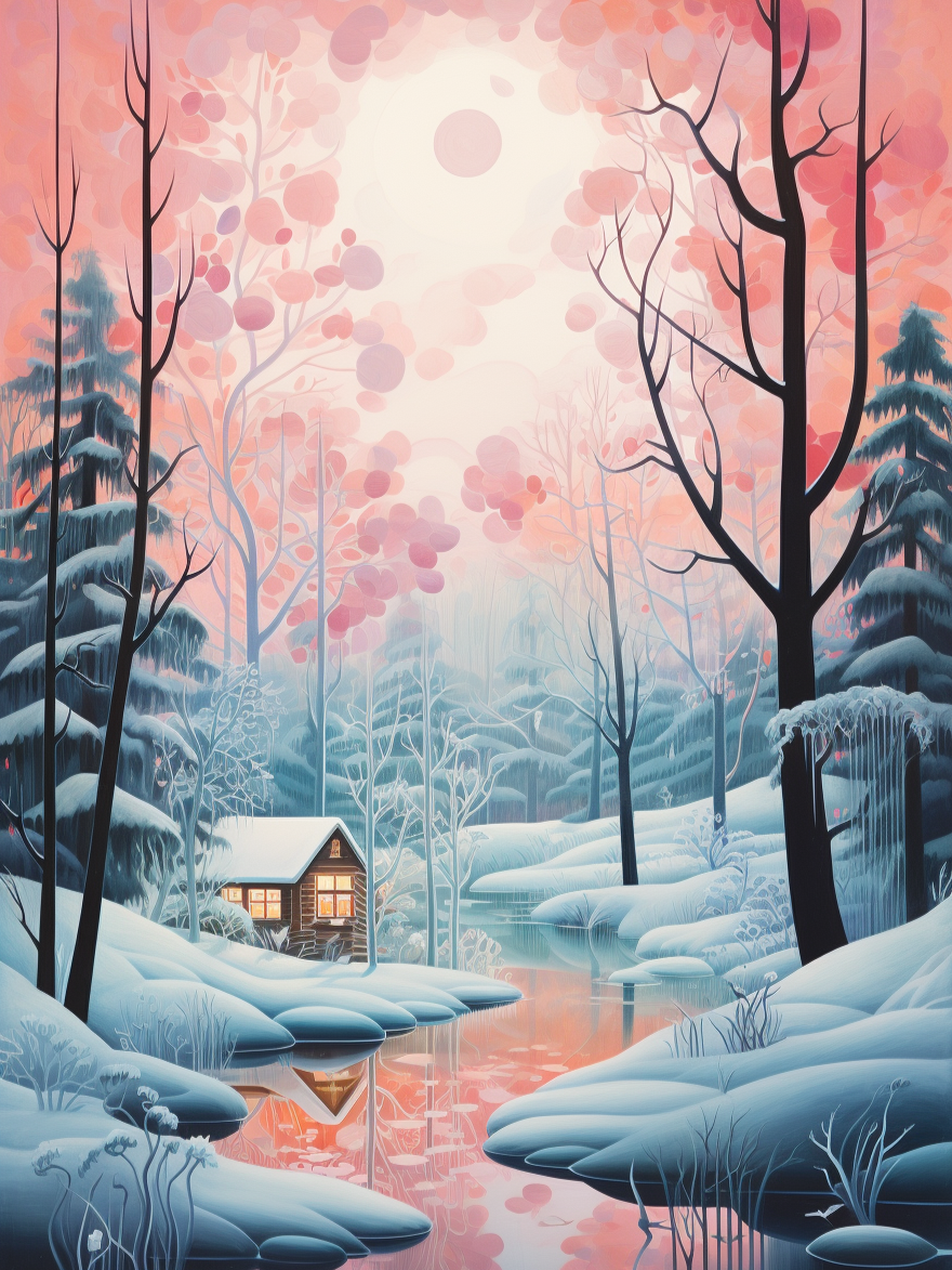 Abstract Pink Sky Cabin In The Snow Diamond Art Kit