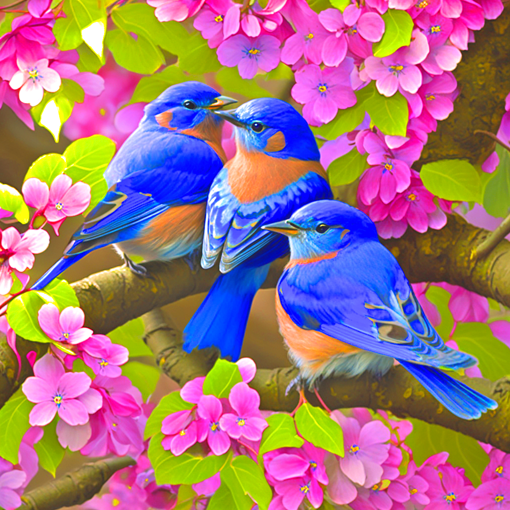 Three Little Bluebirds Pink Blossoms Diamond Art Kit