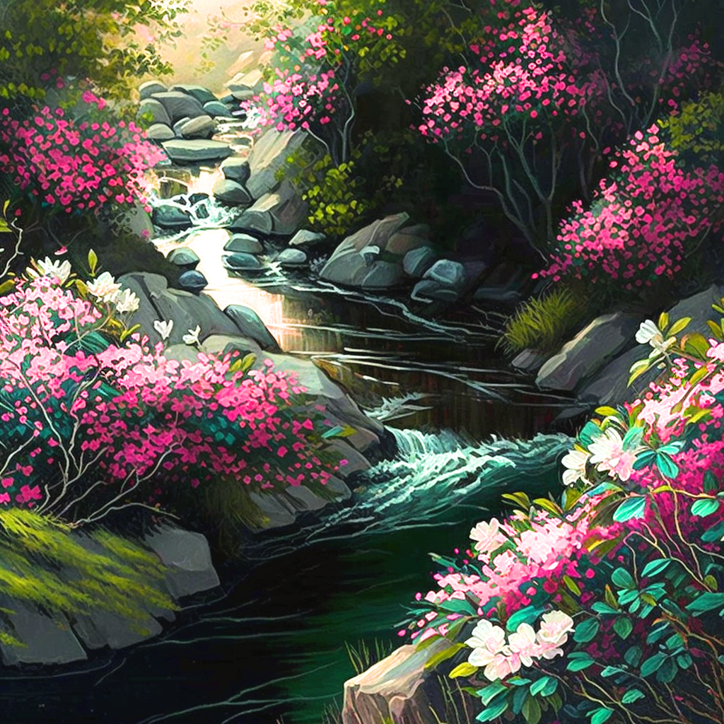 Pink Flower Mountain Stream Diamond Art Kit