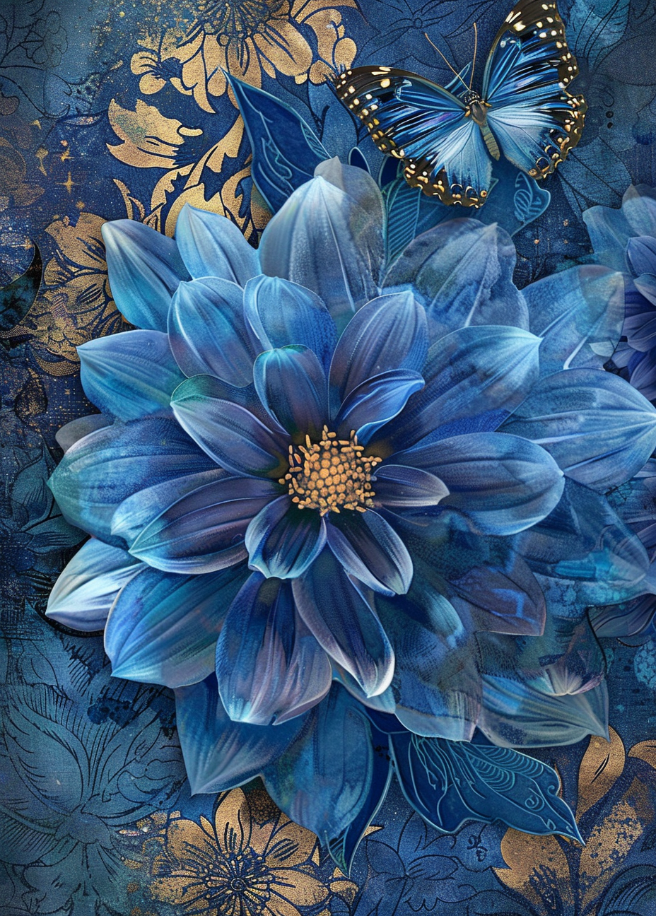 Gold Center Blue Flower Butterfly Diamond Art Kit