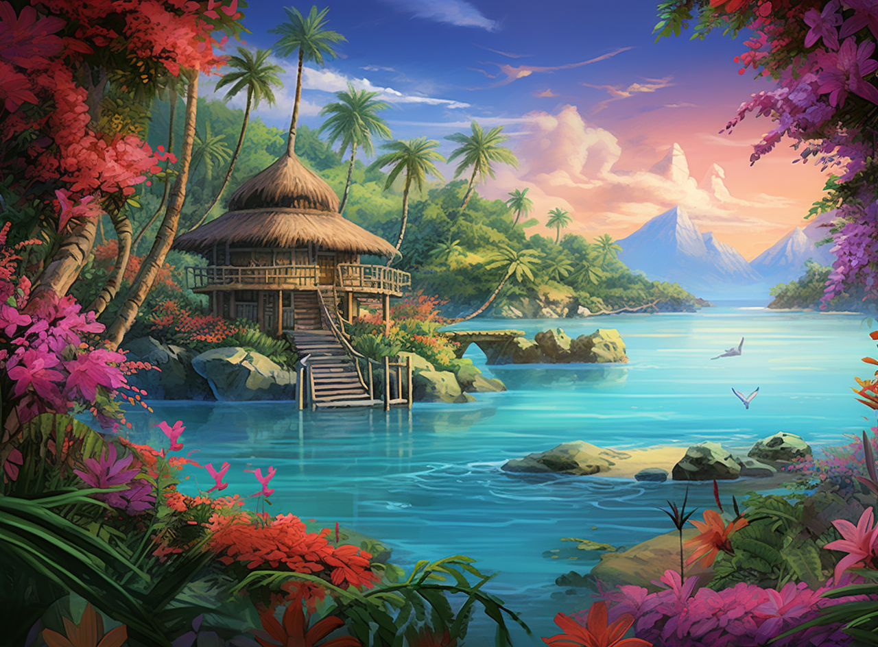 Tropical Flower Island Hut Diamond Art Kit